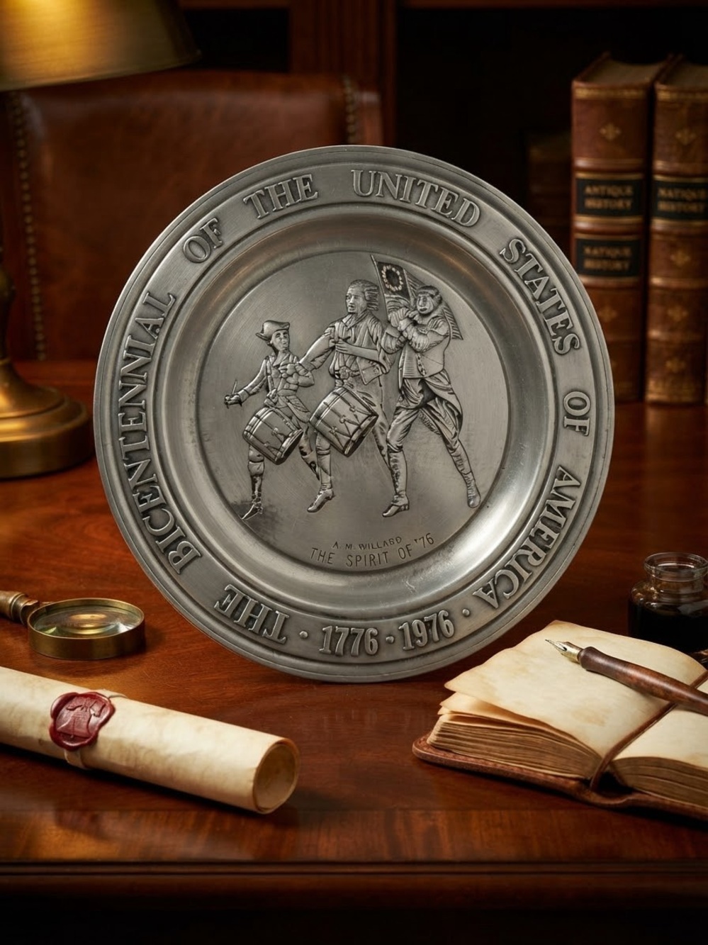 Bicentennial Commemorative Decorative Pewter Plate by A.M. Willard
